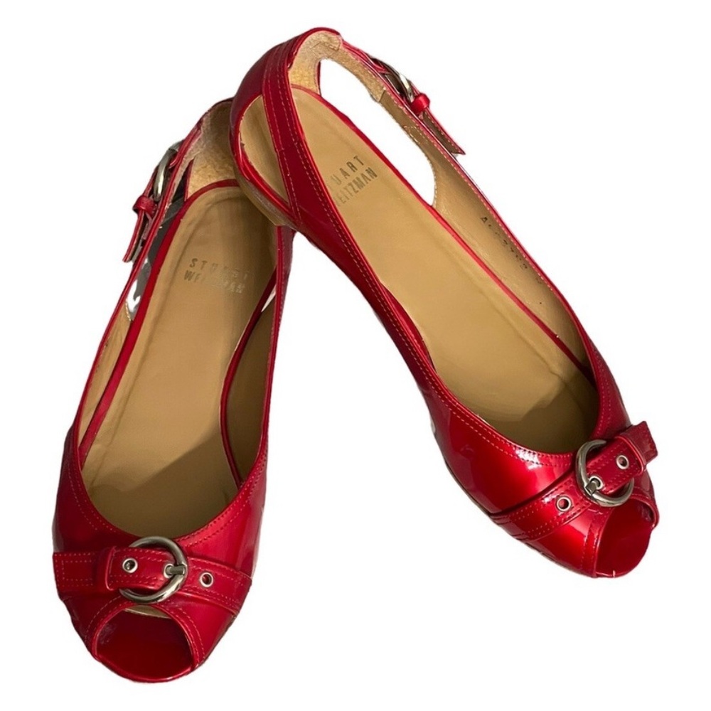 STUART WEITZMAN Chitchat Peep Toe Women’s 7.5 Red Patent Leather Flats